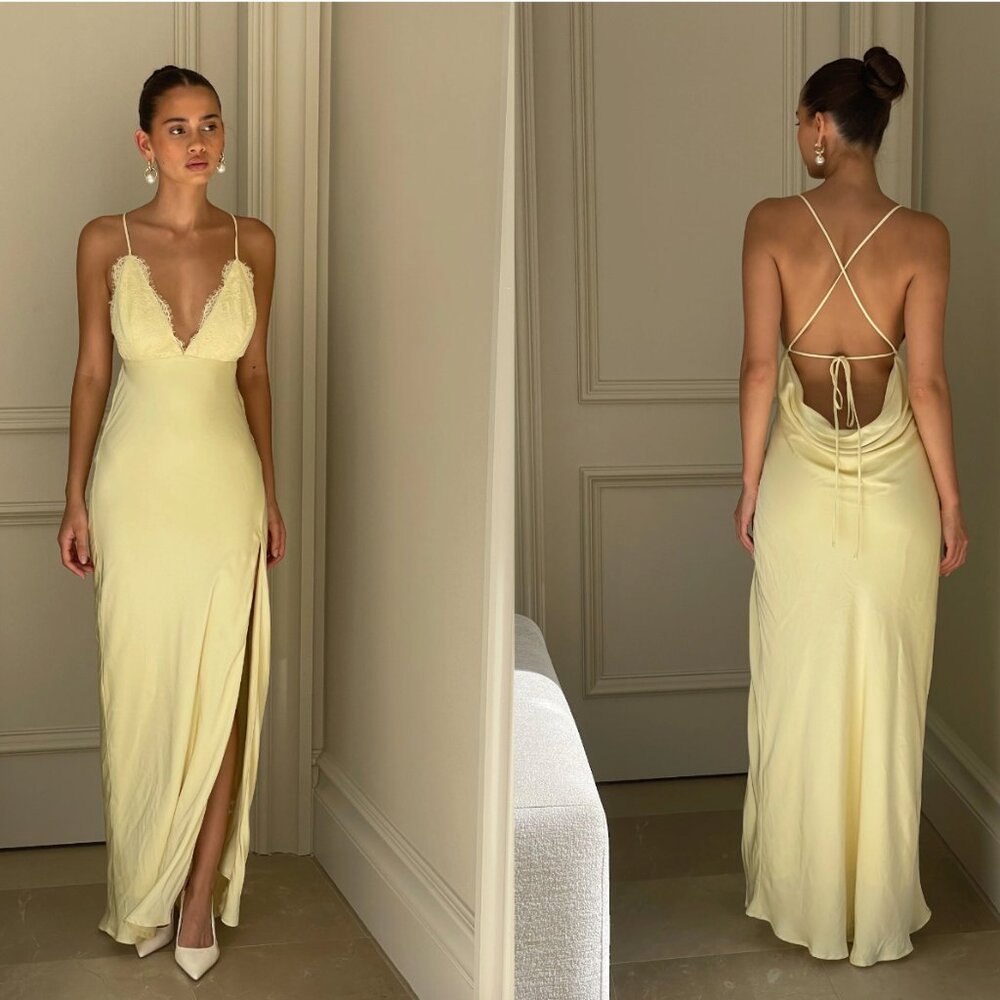 Satin Slip Maxi Dress With Lace - Lemon
